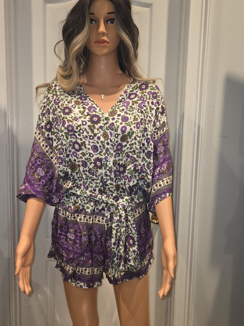 Umgee Purple and White Floral Tie-Waist Romper